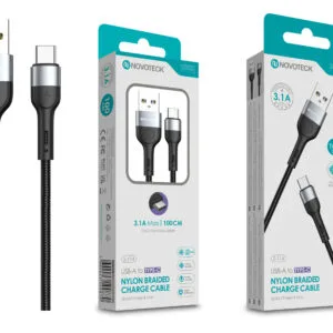 Cabo de Dados Trançado Nylon 3.1A Carregamento Rápido Negro Type-C USB 1.0M