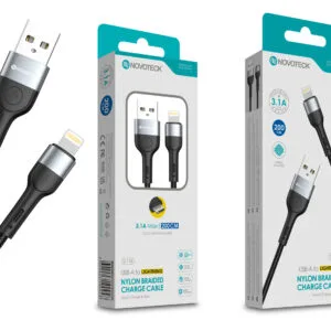 Cabo de Dados Trançado Nylon 3.1A Carregamento Rápido Negro Lightning USB 2.0M